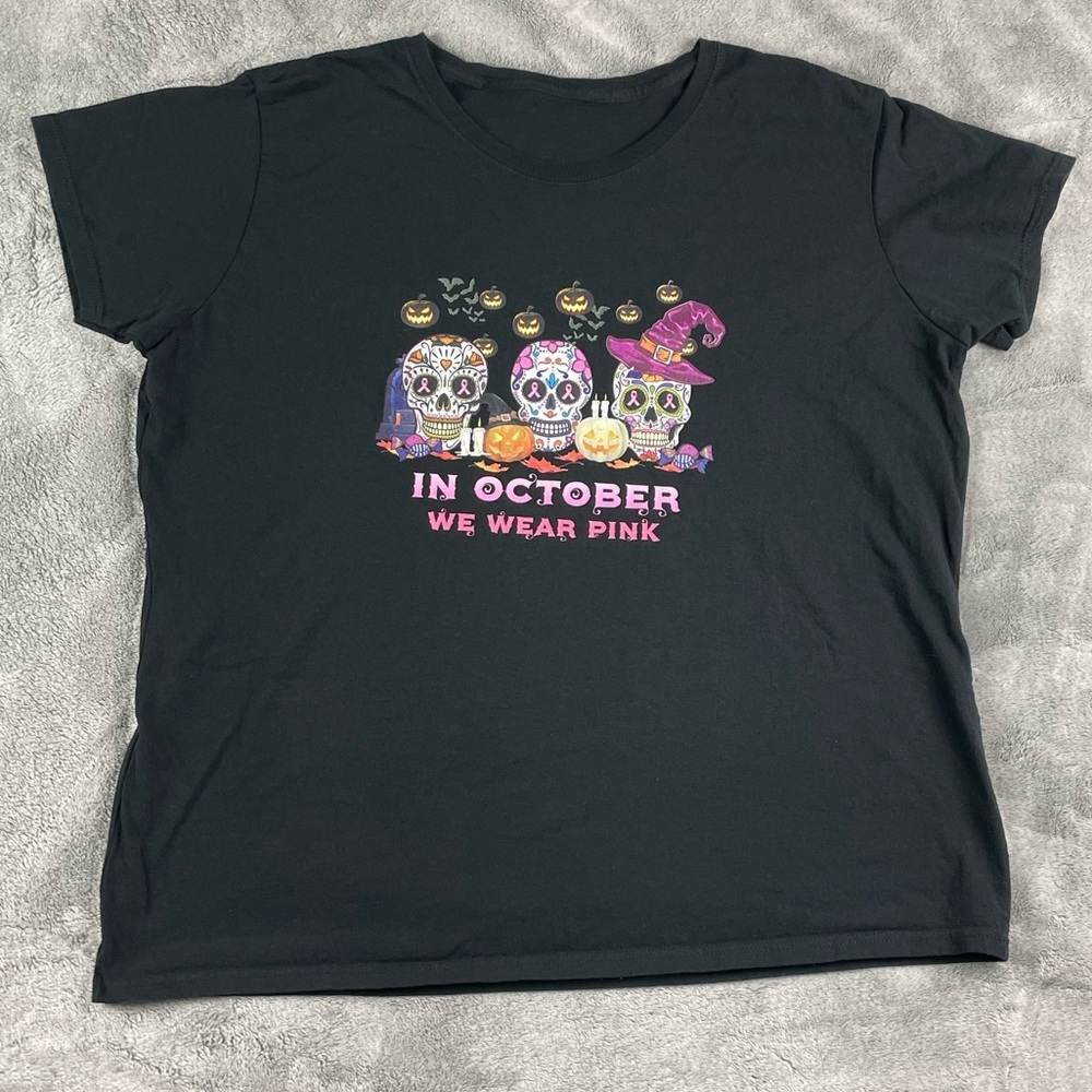 Halloween Breast Cancer Awareness women’s black cotton t-shirt